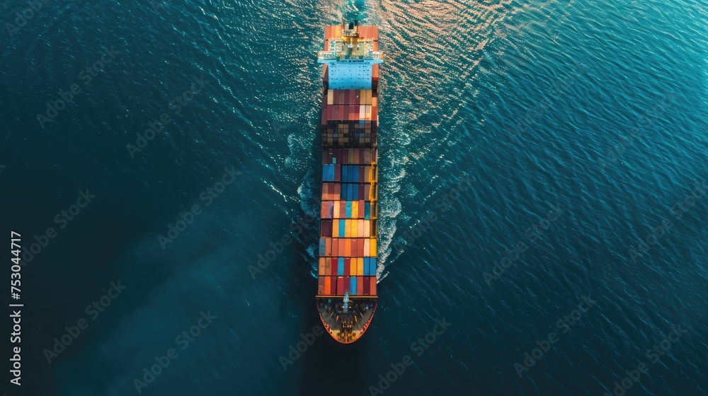 Aerial top view container cargo ship in import export business commercial trade logistic and transportation of international by container cargo ship in the open sea, Container cargo freight