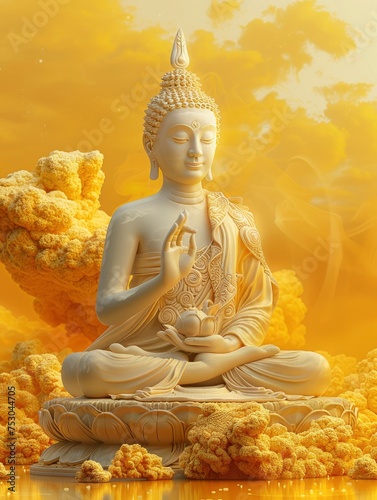 beautiful 3D image of a thai buddha The attitude of meditation palm facing out  on golden cloud  in the style of sketchfab  yellow and light blue  elaborate detailing  copy space - generative ai