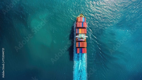 Aerial top view container cargo ship in import export business commercial trade logistic and transportation of international by container cargo ship in the open sea, Container cargo freight © buraratn