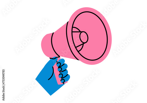 Hand drawn cute cartoon illustration hand with megaphone or loudspeaker. Flat vector promotion, advertisement sticker in doodle style. News alert icon. Communication speaker. Social protest. Isolated.