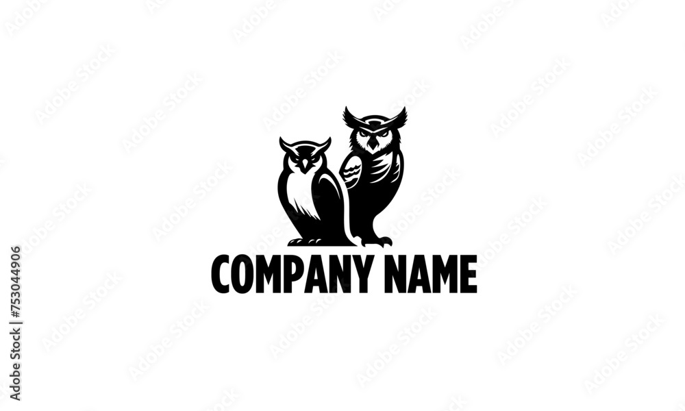 Pair of Owls Mascot Logo Icon in Black and White Colors