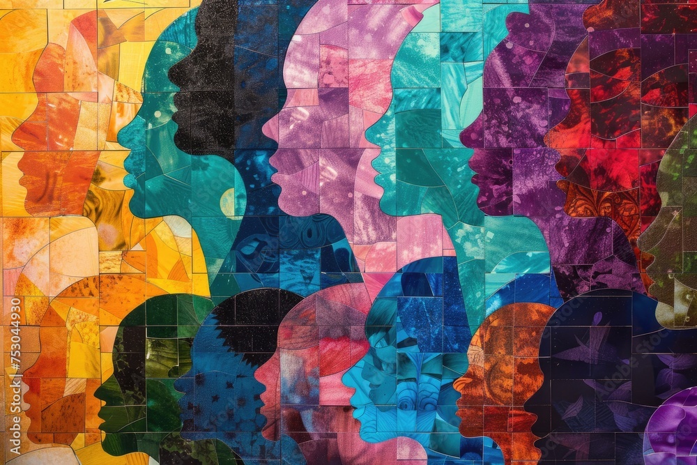 A mosaic of women silhouettes against vibrant backgrounds