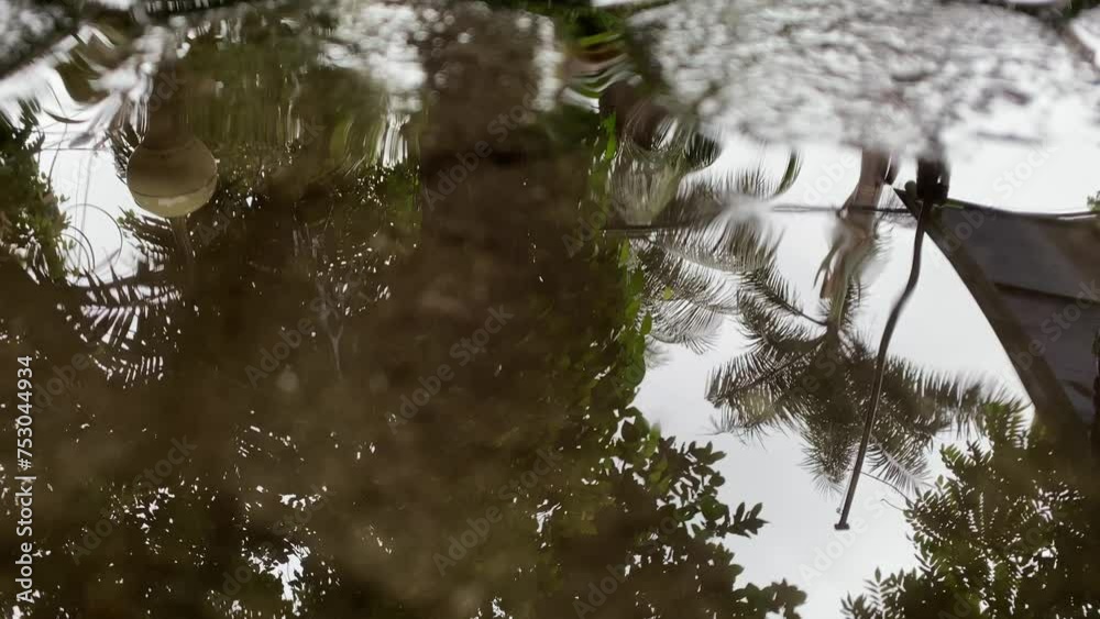 Closeup of rain drops falling on puddle with trees and sky reflection on city sidewalk, Weather or environment Closeup of rain drops falling on puddle with trees and sky reflection on city sidewalk, Weather or environment