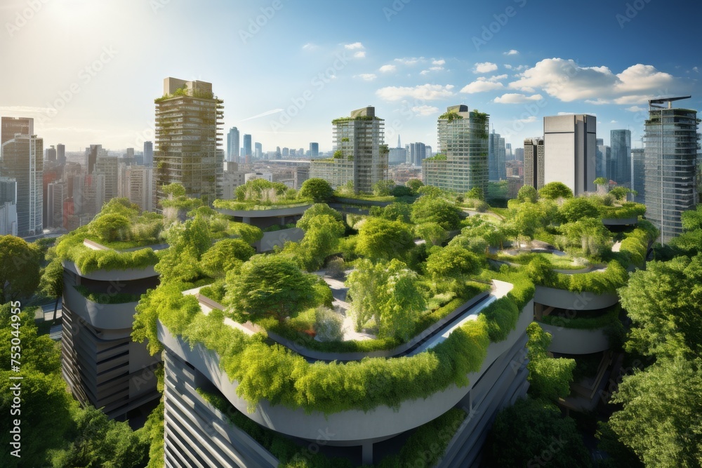 Urban green roof gardens skyscrapers background eco city Urban green roof gardens skyscrapers background eco city