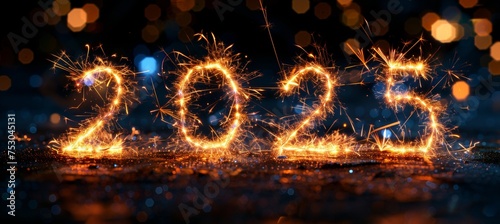 Fototapeta 2025 new year holiday card with 3d golden numbers on dark background with fireworks and bokeh