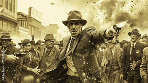 an intense, action-packed scene from the 1920s or 1930s, with a determined-looking gangster in a suit and hat pointing a gun amidst a chaotic street filled with other men in fedoras. 