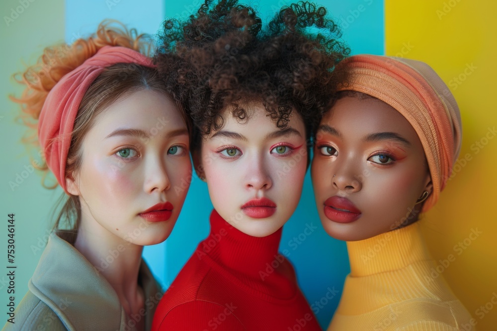 Diverse Trio of Women Showcasing Feminine Strength and Beauty Against Artistic Backdrop
