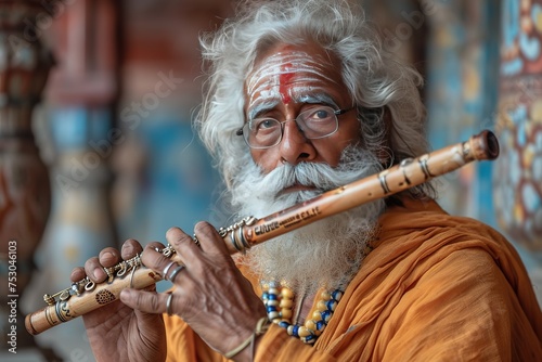 "Flute Harmony" A local musician playing traditional tunes on a handmade flute in the peacefulness of a Rural Indian village