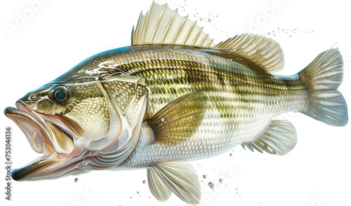 a Largemouth Bass, 3/4 side view PNG, in a Fishing-themed, isolated, and transparent photorealistic illustration. Generative ai