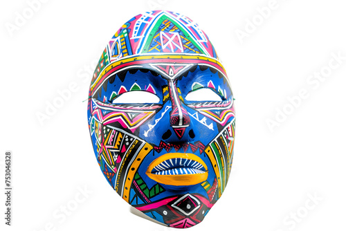 Colorful Tribal Mask with Geometric Patterns - Isolated on White Transparent Background 