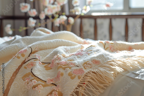 Illuminated Tranquility: Floral Embroidered Throw Blanket in Morning Light