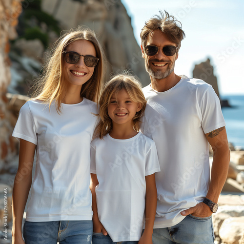 dad and mam and kid wearing blank white tshirt Smiling family, young mother, father and little daughter relaxing together