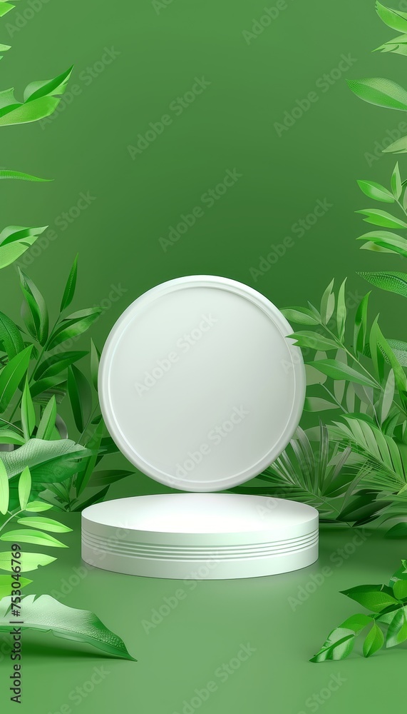 White round podium surrounded by lush green foliage in a natural outdoor setting White round podium surrounded by lush green foliage in a natural outdoor setting