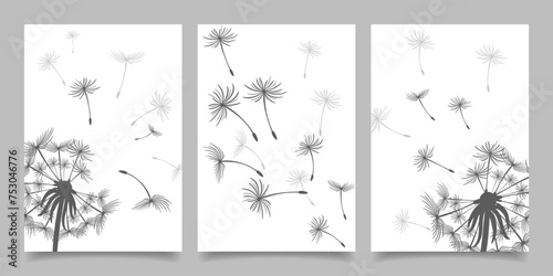 Set of cards, posters with dandelions. Black dandelion seeds fly in the wind. Collection of nature cards. Vector