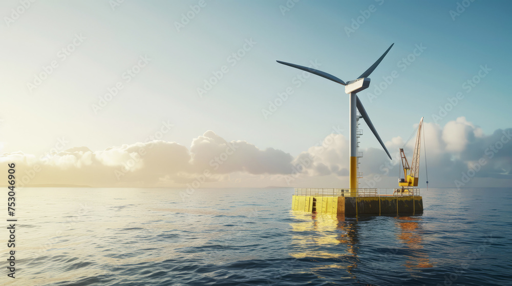 Team constructing a wind turbine in the ocean with clear skies at dawn