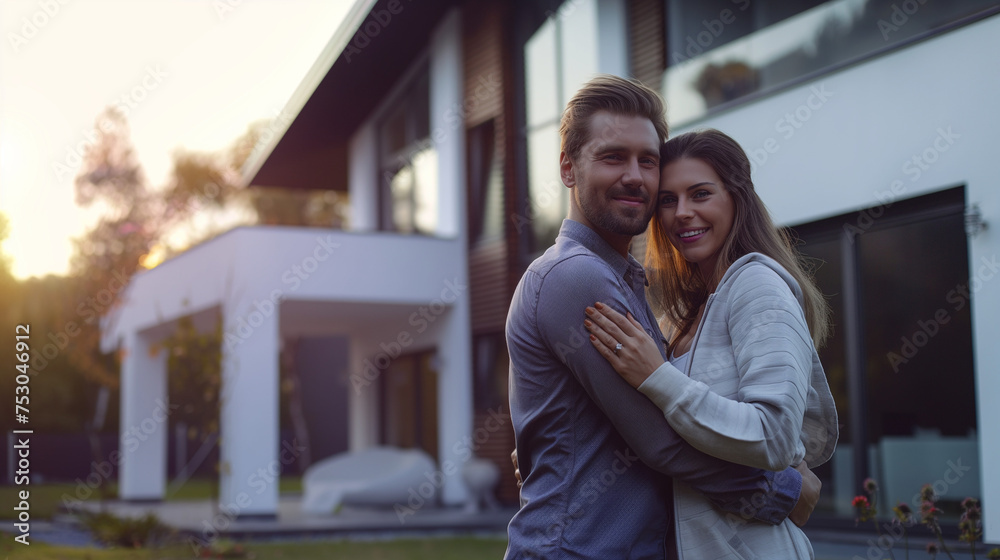 Naklejka premium A couple in love hugging in front of their new modern luxury villa house, front view of a happy couple, buying a new villa or modern house, real estate concept. 
