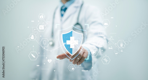 Medical cybersecurity.Security Health Care Concept. Medical Data Insurance and Safety. Medicine secure patient privacy history.lock icon on virtual screen. Access healthcare protection technology