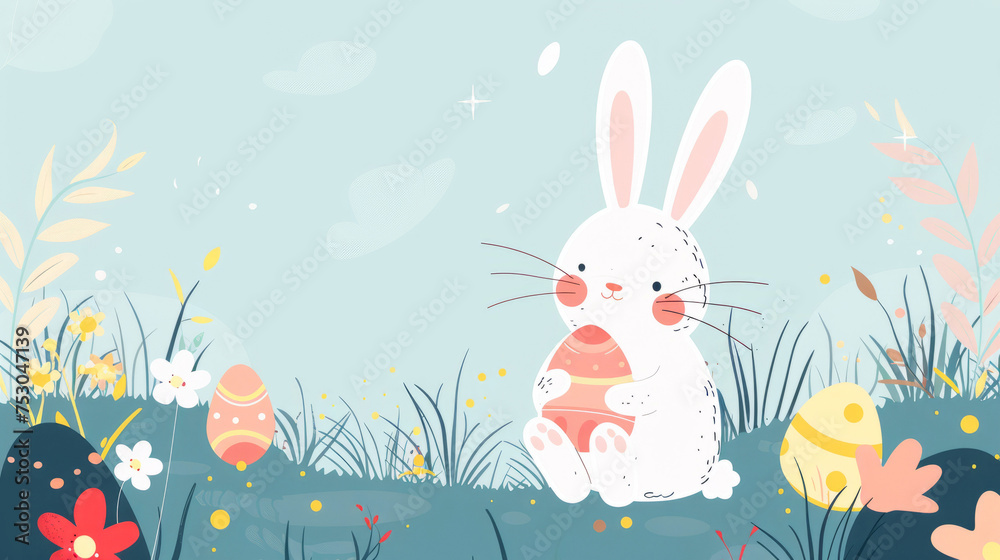 Happy Easter day with cute bunny and colorful eggs illustration
