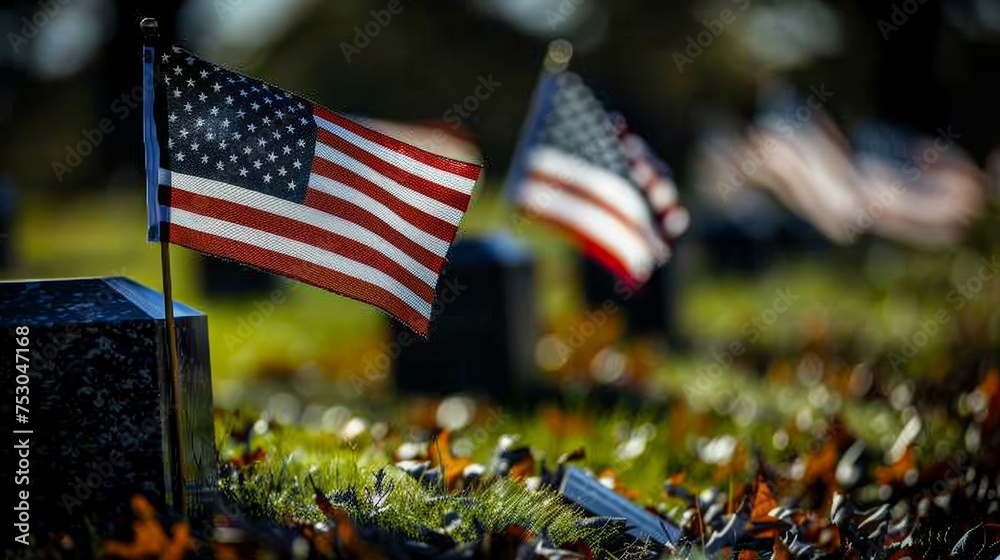 Honoring american veterans on memorial day with flags at the national cemetery, a patriotic tribute. - obrazy, fototapety, plakaty 
