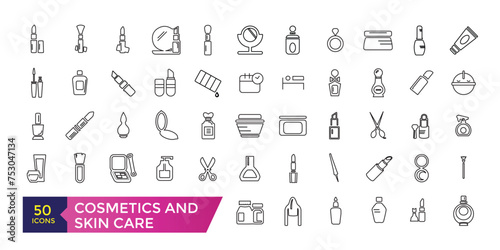 Cosmetics and skin care icon set. Moisture cream, acid, anti wrinkle serum, sunscreen Outline signs for skincare products.