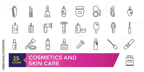 Cosmetics and skin care icon set. Moisture cream, acid, anti wrinkle serum, sunscreen Outline signs for skincare products.