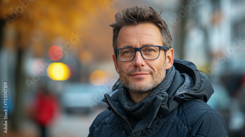 Self-assured brunette man in his 40s or 50s in black jacket on a city street in autumn