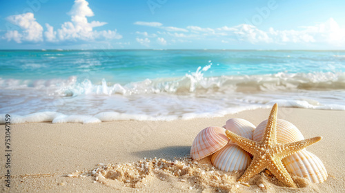 Peaceful beach scene with starfish and seashells on the shore