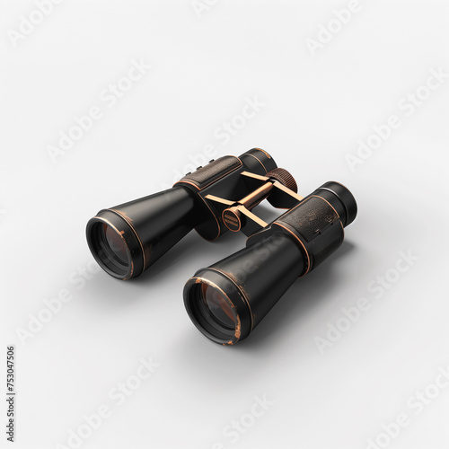 Classic Black Binoculars with Golden Details on White Background