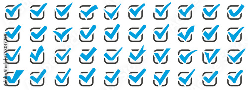 Tick icons. Set of check mark icon on a white background. Blue check mark icons. Correct, yes, choose, confirm, approved symbols. Checkmark signs