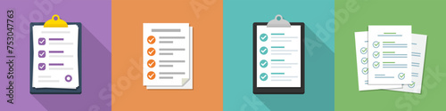 Different cartoon business documents with check icons. Set of checklist document icons in a flat design. Audit document collection