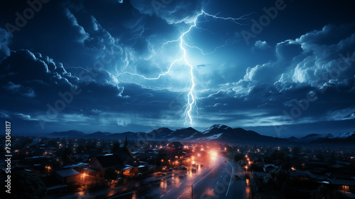 Dramatic lightning strike nighttime cityscape with illuminated streets and dark mountains © amixstudio