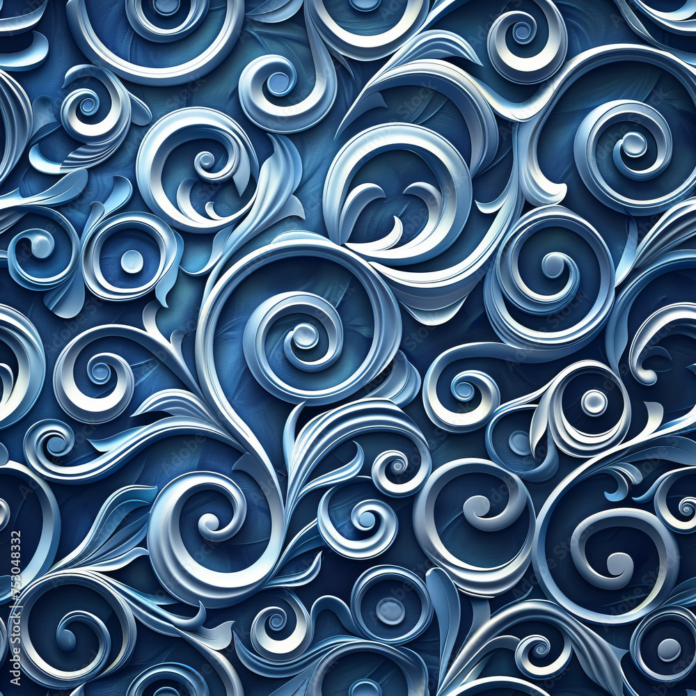 Cool Blue 3D Swirls - Seamless Abstract Pattern with Fluid Wave Design, swirling blue vines pattern seamless pattern
