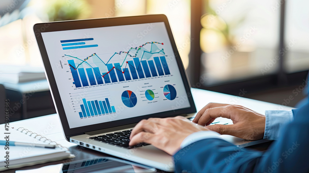 Cropped photo of businessman analyzing business diagram, marketing statistics and finance market graphs on laptop monitor in the office. Cropped photo of businessman analyzing business diagram, marketing statistics and finance market graphs on laptop monitor in the office.