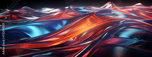 abstract background featuring gorgeous metal metallic reflections and stunning light refraction in a mesmerizing blend of red and blue liquid. 3D rendering