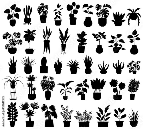 Set of different potted houseplants silhouettes. indoor flowers or plants in flowerpots or vases flat vector illustrations collection	