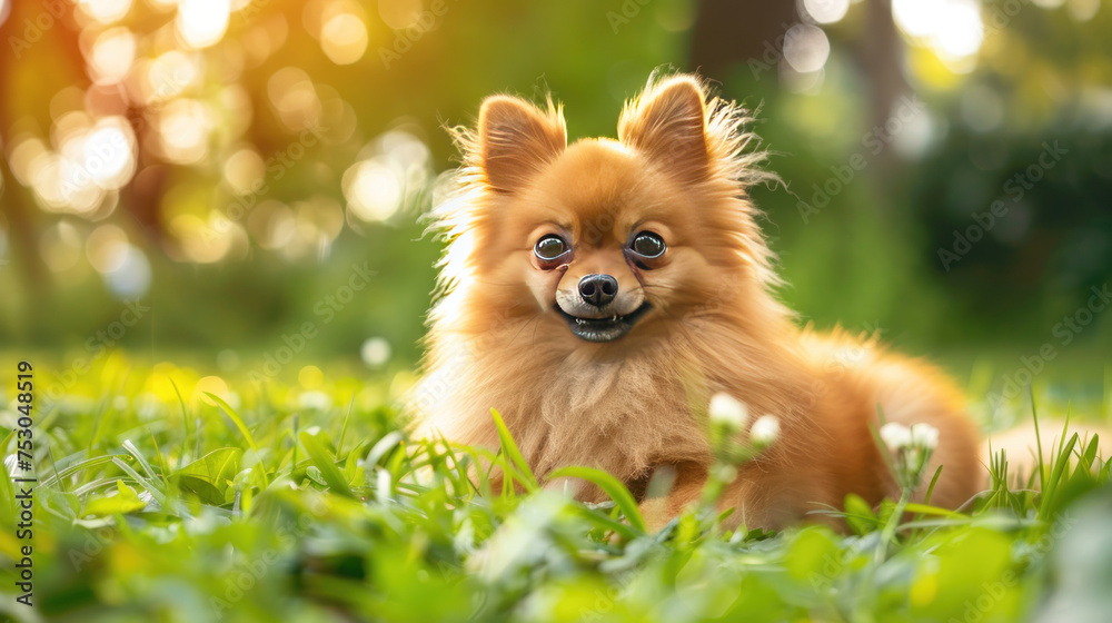 Gorgeous Pomeranian dog on lush spring grass.
