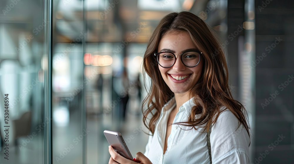 Happy businesswoman with smartphone in office corridor. Happy businesswoman with smartphone in office corridor.