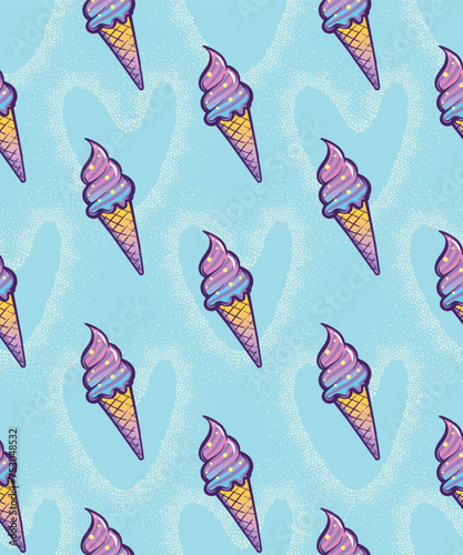 Ice cream in a waffle cone repeat ornament. Ice cream seamless pattern on blue hearts background.