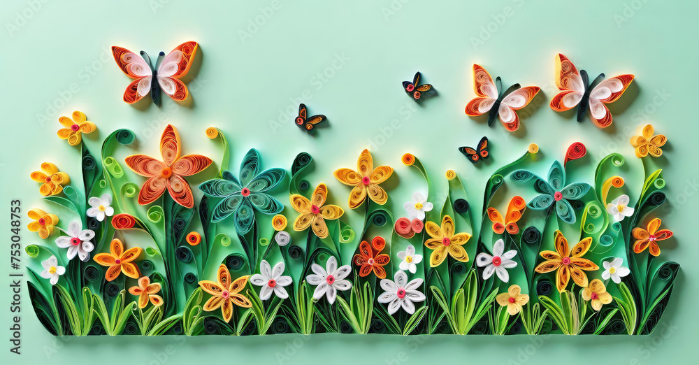 Paper colorful flowers and butterflies on light green background made in quilling craft technic.Seamless floral pattern.Banner for design with copy space. Generative AI