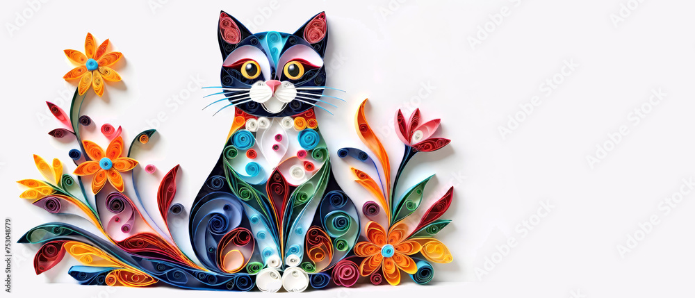 Fototapeta Paper Quilling art style Cat with bright colorful flowers on white background with copy space.Banner for design and interior decor. AI generated.