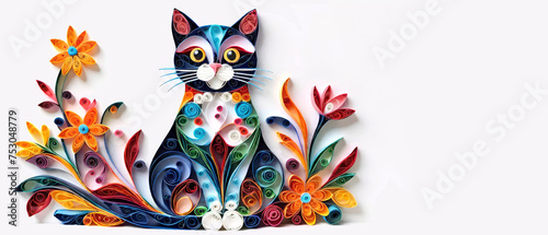 Paper Quilling art style Cat with bright colorful flowers on white background with copy space.Banner for design and interior decor. AI generated.
