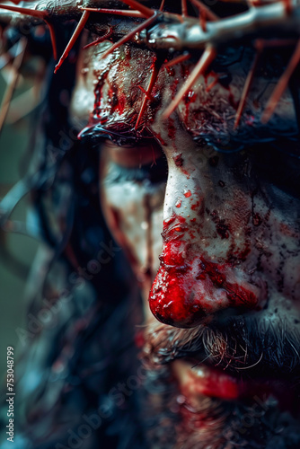 Close up of the face of the suffering Jesus with the crown of thorns