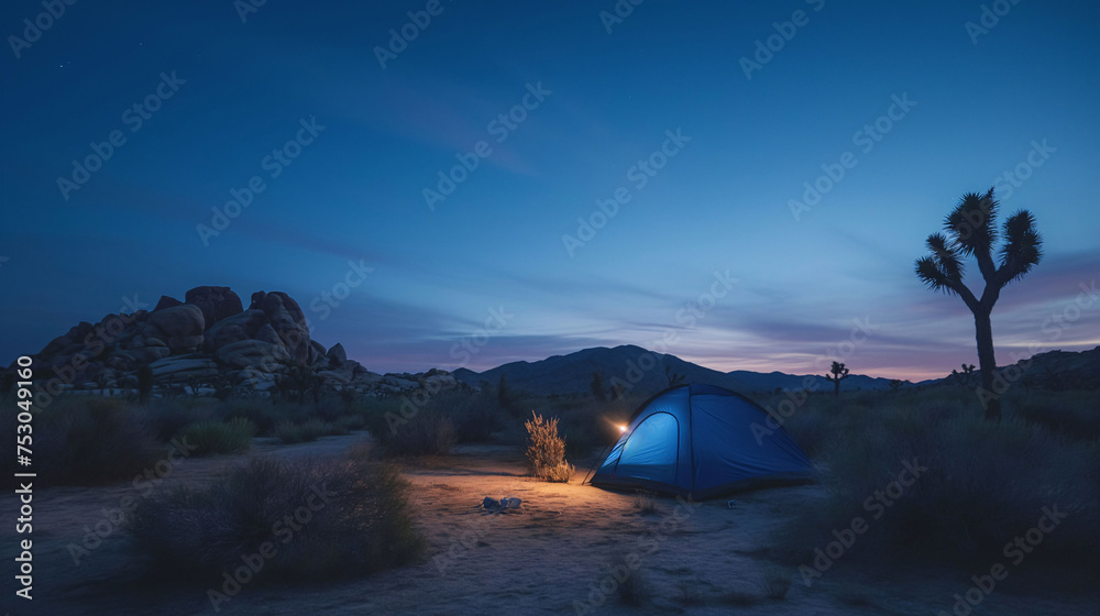 Illuminated tent under a twilight sky in a desert landscape with Joshua trees.