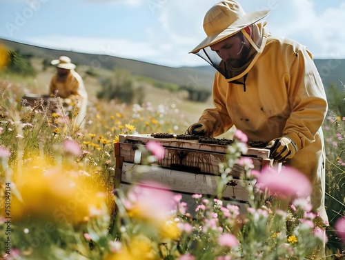 Beekeepers Working in Flower Field, To showcase the important and delicate work of beekeeping in a beautiful and natural setting, promoting the photo