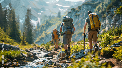Trekking, hiking, tourism, active lifestyle. Tourists or friends hiking together in the mountains in the vacation trip weekend. Enjoying walking in beautiful nature landscape. Summer activities