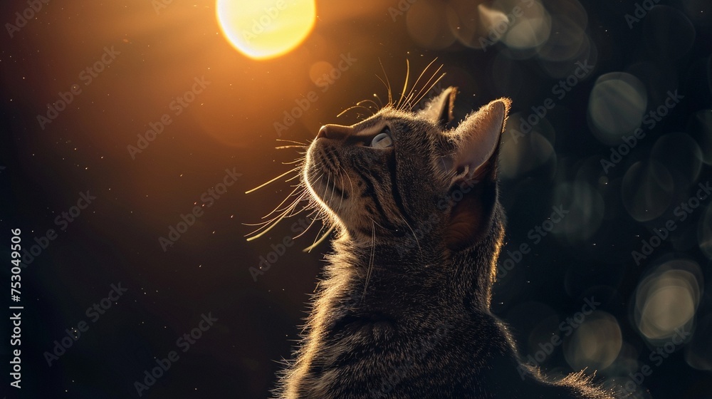 As the world darkens during a solar eclipse a cat gazes upwards - obrazy, fototapety, plakaty 