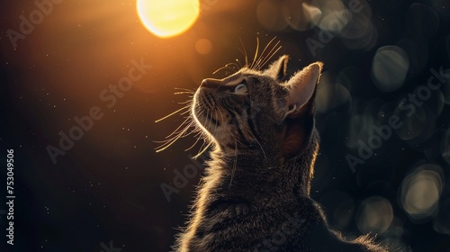 As the world darkens during a solar eclipse a cat gazes upwards