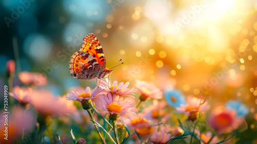 Beautiful butterfly on fresh spring flowers