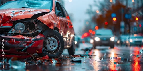 Car Accident in Urban Setting with Emergency Response, To convey a message of emergency response, legal advocacy, or the aftermath of a car accident photo
