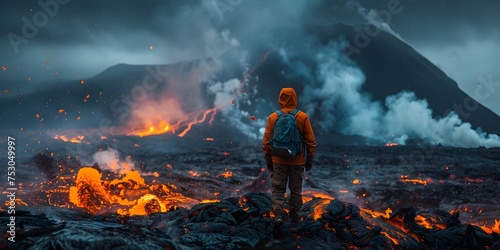 Man Standing in Front of Volcano with Backpack  To convey a sense of adventure and exploration in the face of natural danger and power